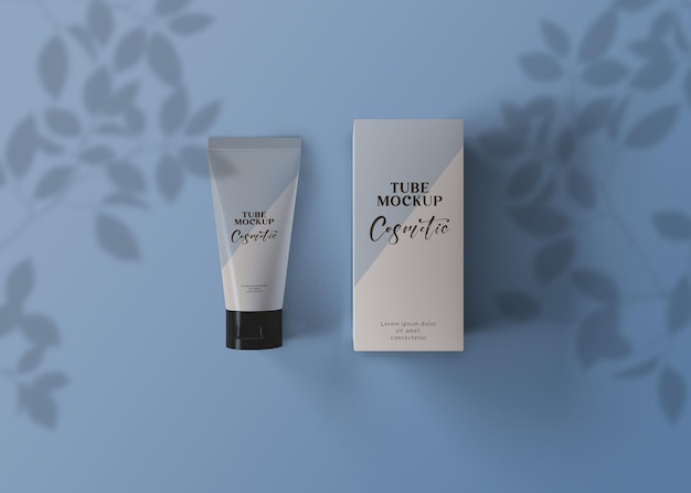 Cosmetic tube top view with box packaging mockups