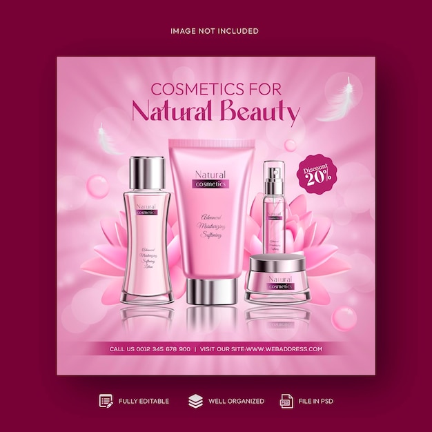 Cosmetics beauty products and makeup social media post and discount sale banner design template