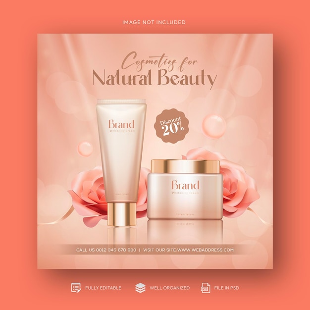 Cosmetics beauty products and makeup social media post and discount sale banner design template