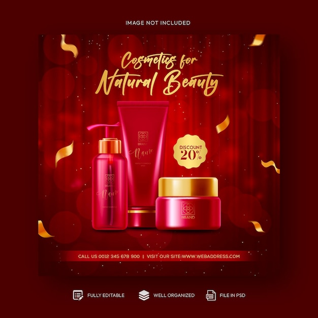 Cosmetics beauty products and makeup social media post and discount sale banner design template