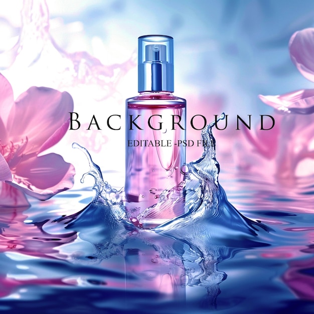 PSD cosmetics design a bottle of cosmetics surrounded by water effect