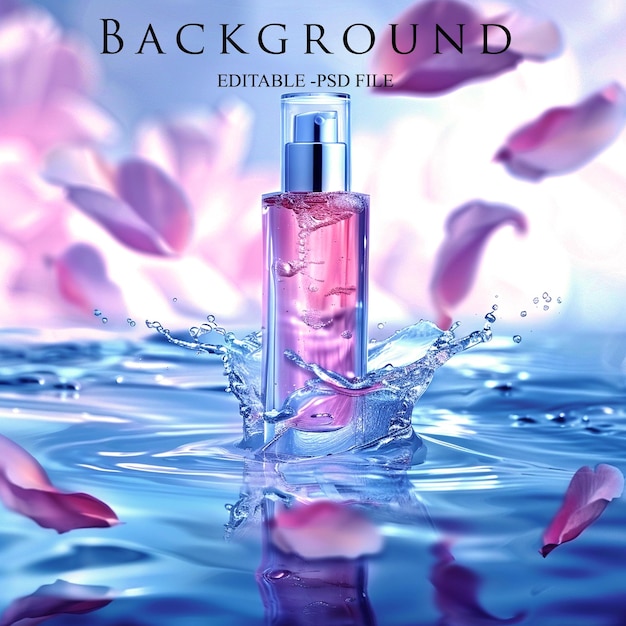 PSD cosmetics design a bottle of cosmetics surrounded by water effect