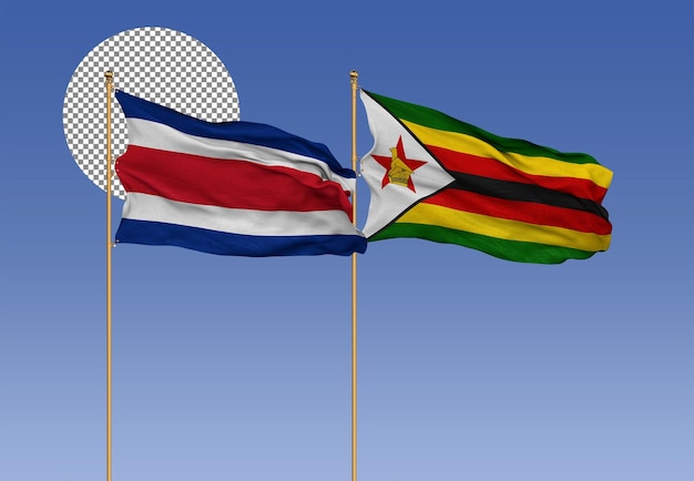 Costa Rica and Zimbabwe Wavy Flags Together Bilateral Relations 3D Rendering