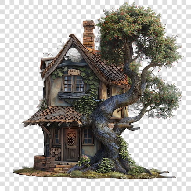 PSD cottage with a tree wrapped around fantasy medival