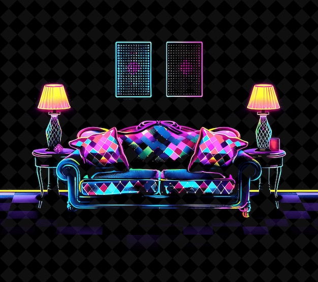 a couch with a colorful pillow and a lamp on it