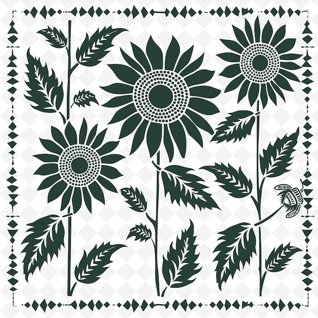 Country Sunflower Outline With Petal Pattern and Bee Detail Illustration Decor Motifs Collection