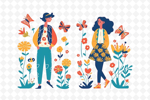 PSD couple attending a spring equinox party design is natural an flat illustration culture character