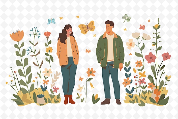 PSD couple attending a spring equinox party design is natural an flat illustration culture character