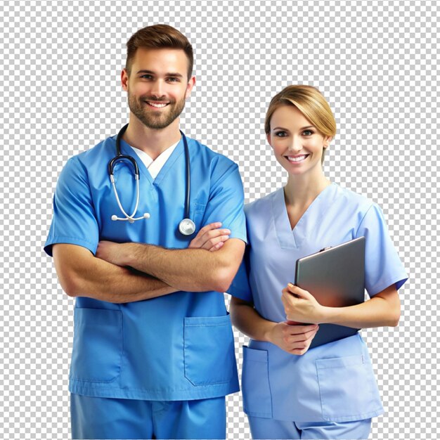 PSD a couple of blue scrubs with a folder that says  medical