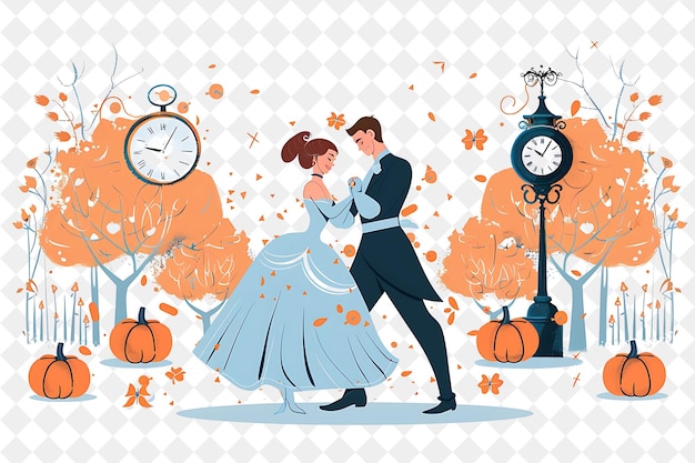 PSD a couple in a fall scene with a clock and a tree with leaves and a wall of leaves