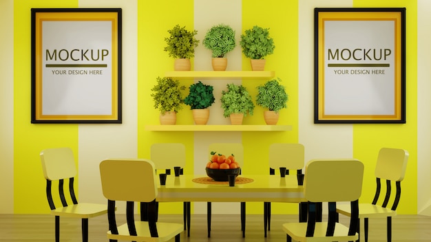 couple frame mockup on modern yellow dining room wall with plants on wall shelf