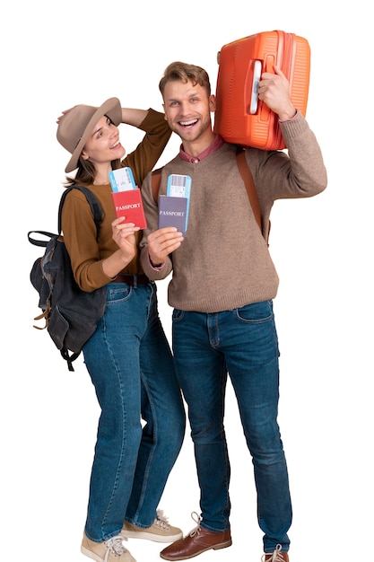 PSD couple getting ready to travel with luggage and passports