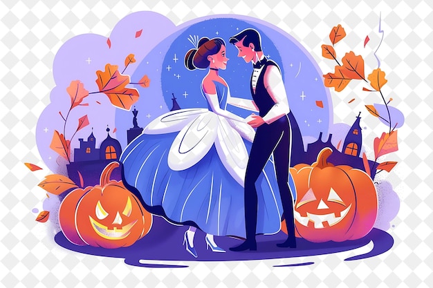 a couple in a halloween scene with pumpkins and pumpkins