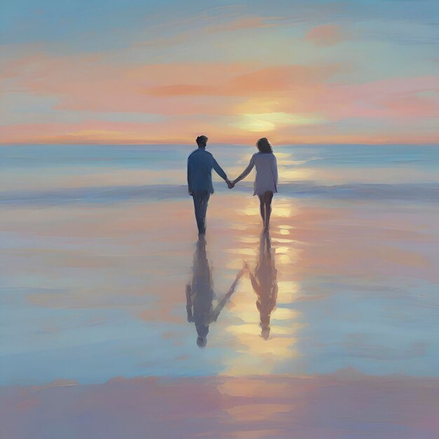 PSD couple holding hands on the beach at sunset pastel colors in impressionist style aigenerated