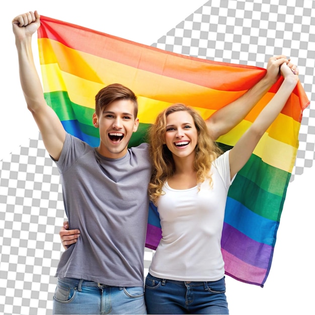 PSD a couple holding rainbow flags in the middle of the street