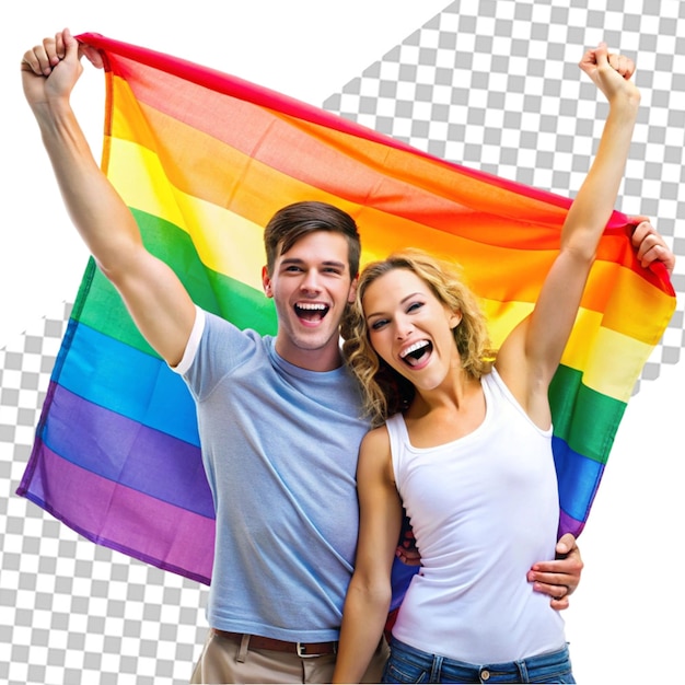 PSD a couple holding rainbow flags in the middle of the street