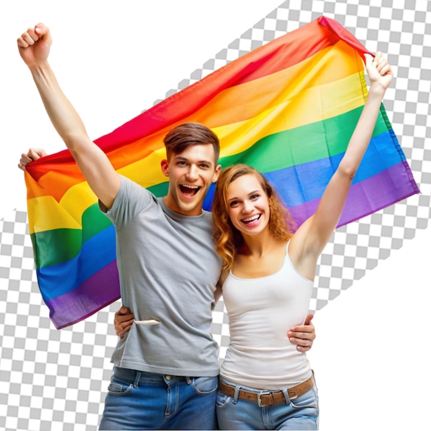 PSD a couple holding rainbow flags in the middle of the street