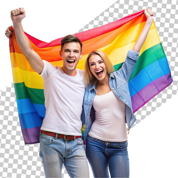 PSD a couple holding rainbow flags in the middle of the street