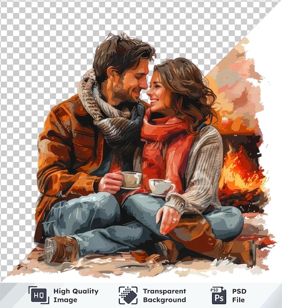 Couple in love by the fireplace with coffee cup man with black and brown hair woman with long