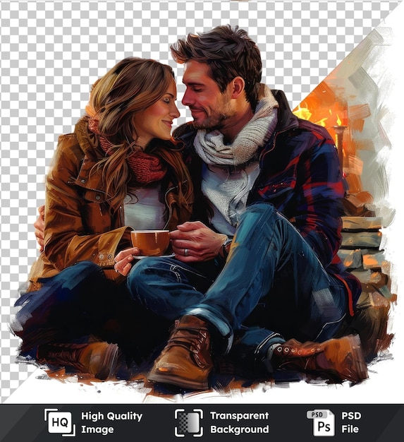 A couple in love near a fireplace sipping coffee in a cozy setting Man in brown jacket woman in