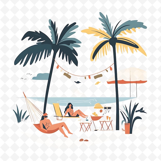 a couple relaxing on a beach with palm trees and a beach umbrella