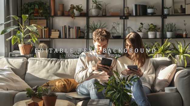 PSD couple relaxing on couch enjoying their smartphones in a cozy home setting