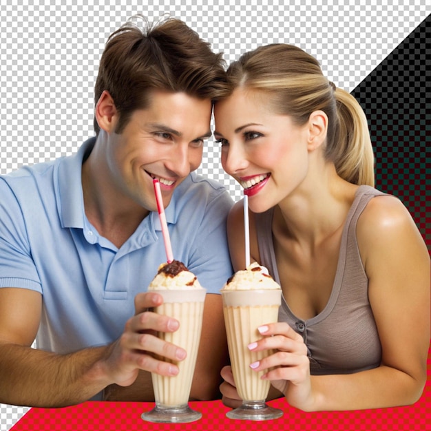 a couple shearing a milkshake with 2 strew on transperent background