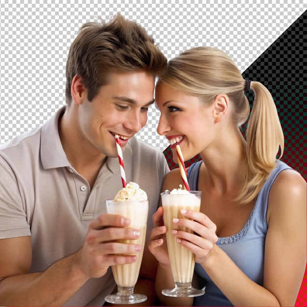 a couple shearing a milkshake with 2 strew on transperent background