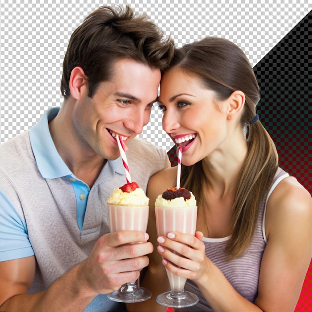 a couple shearing a milkshake with 2 strew on transperent background