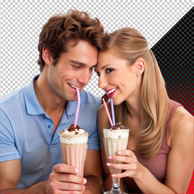 PSD a couple shearing a milkshake with 2 strew on transperent background