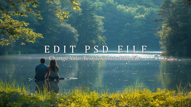 PSD couple silhouetted against a tranquil lake in a lush forest