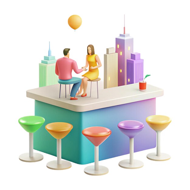 a couple sit on a bar with a city skyline in the background