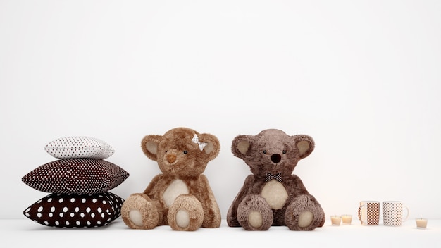 PSD couple of teddy bears with cushions and coffee cups