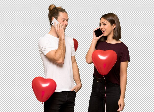 PSD couple in valentine day keeping a conversation with the mobile phone