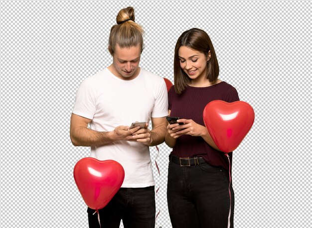 PSD couple in valentine day sending a message with the mobile