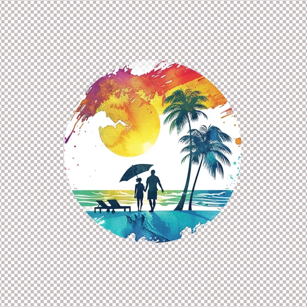 PSD a couple walking on the beach with palm trees and the sun behind them