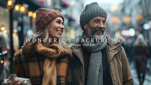 PSD couple in winter smiling and walking together in the city