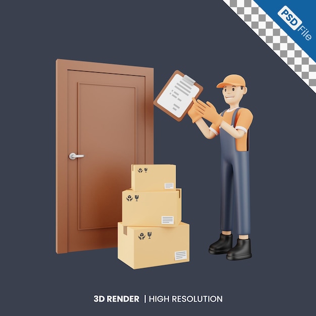 Courier arrives at the door with packages packages 3d illustration