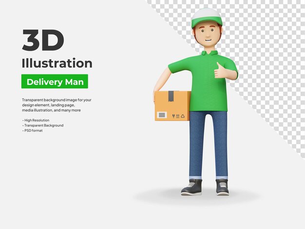 PSD courier delivery man holding package box 3d cartoon illustration