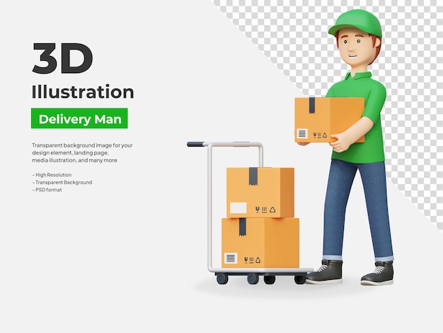 Courier delivery man pushing wheel cart package box 3d cartoon illustration