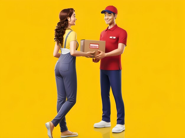 PSD courier guy giving parcel box to woman over yellow background