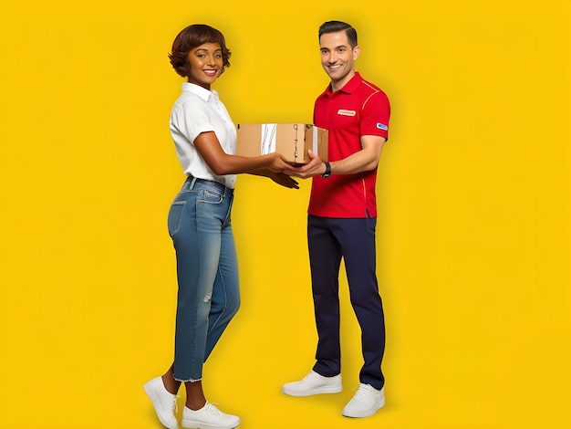 PSD courier guy giving parcel box to woman over yellow background