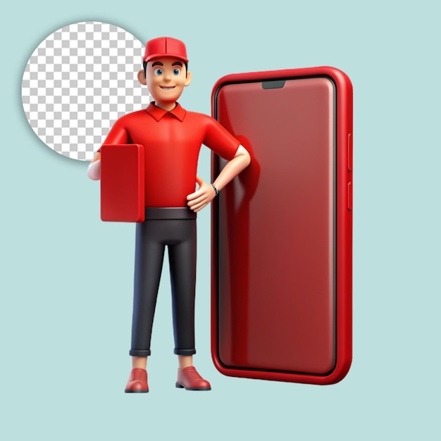 PSD courier holding box and stand near big smartphone on transparent background