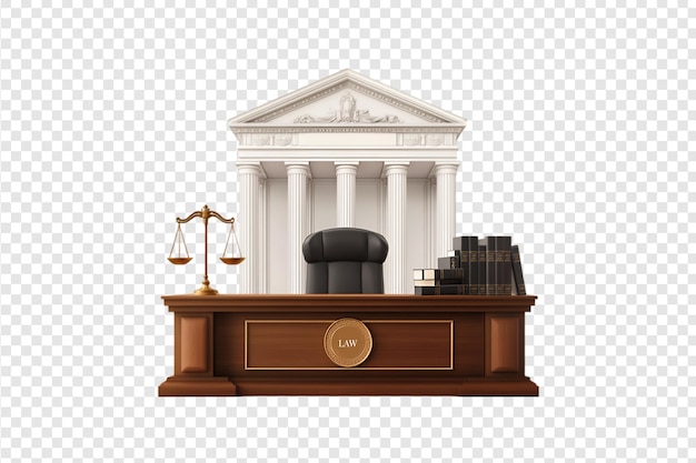 PSD courtroom judge bench with scales of justice isolated on a transparent background