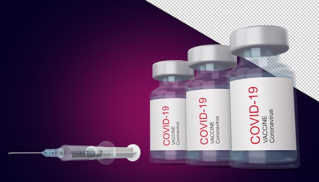 Covid-19 vaccine bottle with syring, coronavirus vaccine, 3d rendering illustration