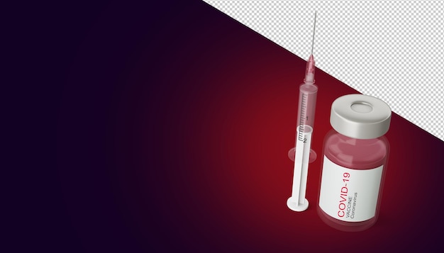 Covid-19 vaccine bottle with syring, coronavirus vaccine, 3d rendering illustration