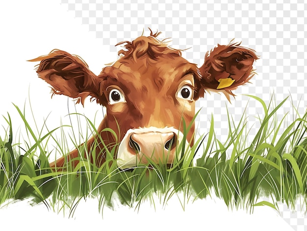 PSD a cow in the grass with a tag in the middle of it