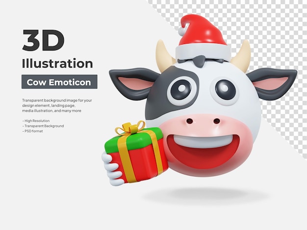 cow holding christmas gift box emoticon 3d illustration