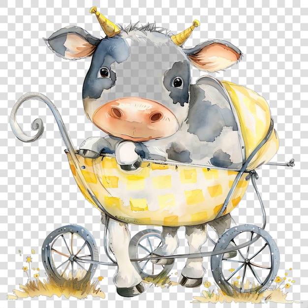 PSD cow inside a pram nuresery watercolor