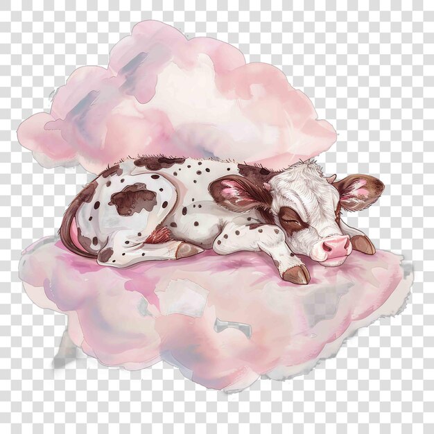 PSD cow sleeping on a light pink cloud nuresery watercolor